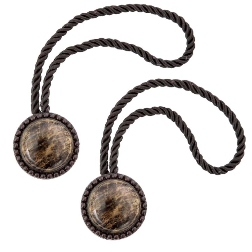 Set of 2 Round Faux-Marble Magnetic Rope Tiebacks for Curtains and Drapes,